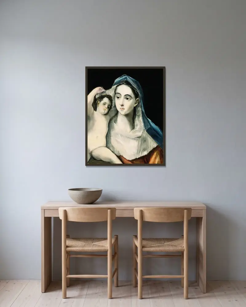 Madonnan med barnet av El Greco (Domenikos Theotokopoulos) inramad på en vägg