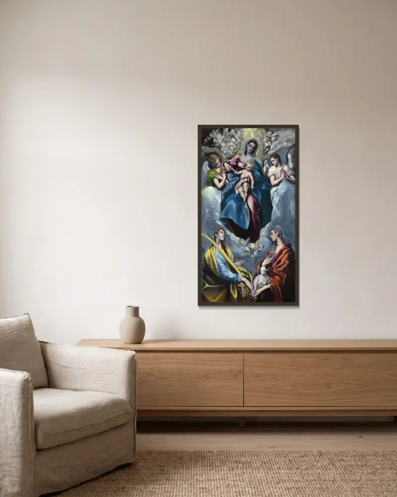 Madonnan med barnet och de heliga Martina och Agnes av El Greco (Domenikos Theotokopoulos) inramad på en vägg