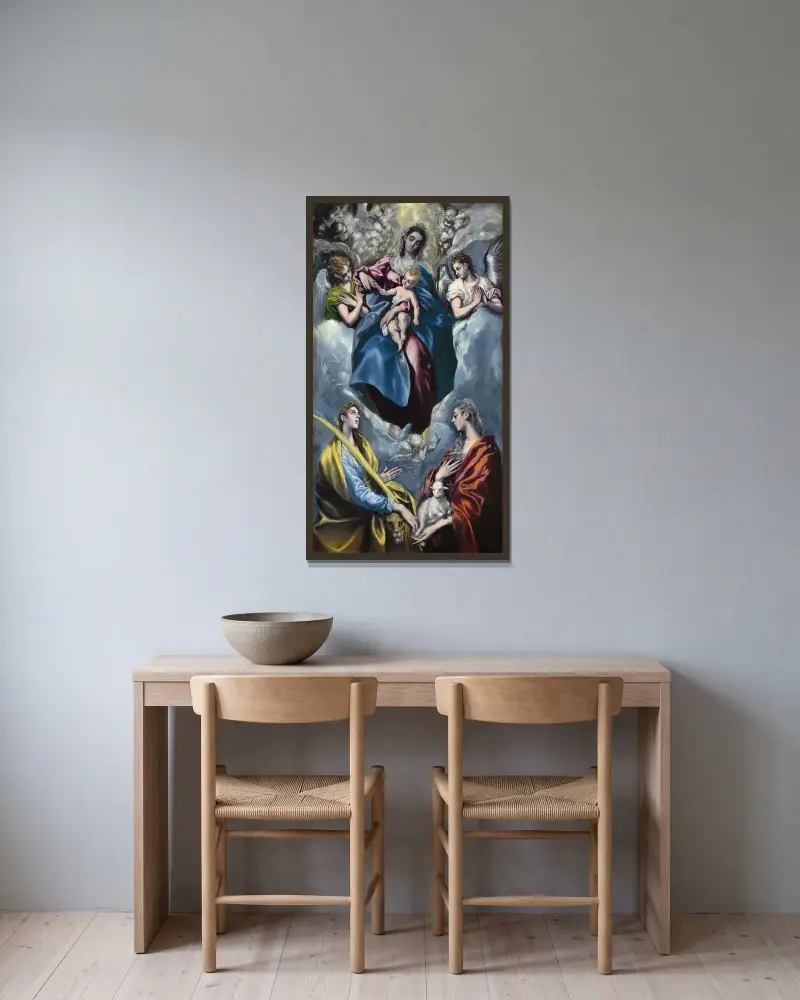Madonnan med barnet och de heliga Martina och Agnes av El Greco (Domenikos Theotokopoulos) inramad på en vägg