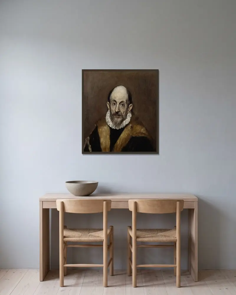 Porträtt av en gammal man av El Greco (Domenikos Theotokopoulos) inramad på en vägg
