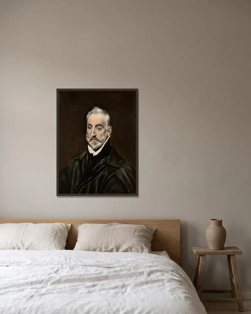 Porträtt av Antonio de Covarrubias y Leiva (1514–1602) av El Greco (Domenikos Theotokopoulos) inramad på en vägg