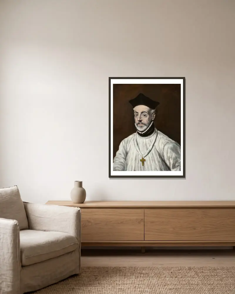 Porträtt av Diego de Covarrubias y Leiva (1512–1577) av El Greco (Domenikos Theotokopoulos) inramad på en vägg