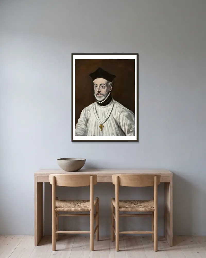 Porträtt av Diego de Covarrubias y Leiva (1512–1577) av El Greco (Domenikos Theotokopoulos) inramad på en vägg
