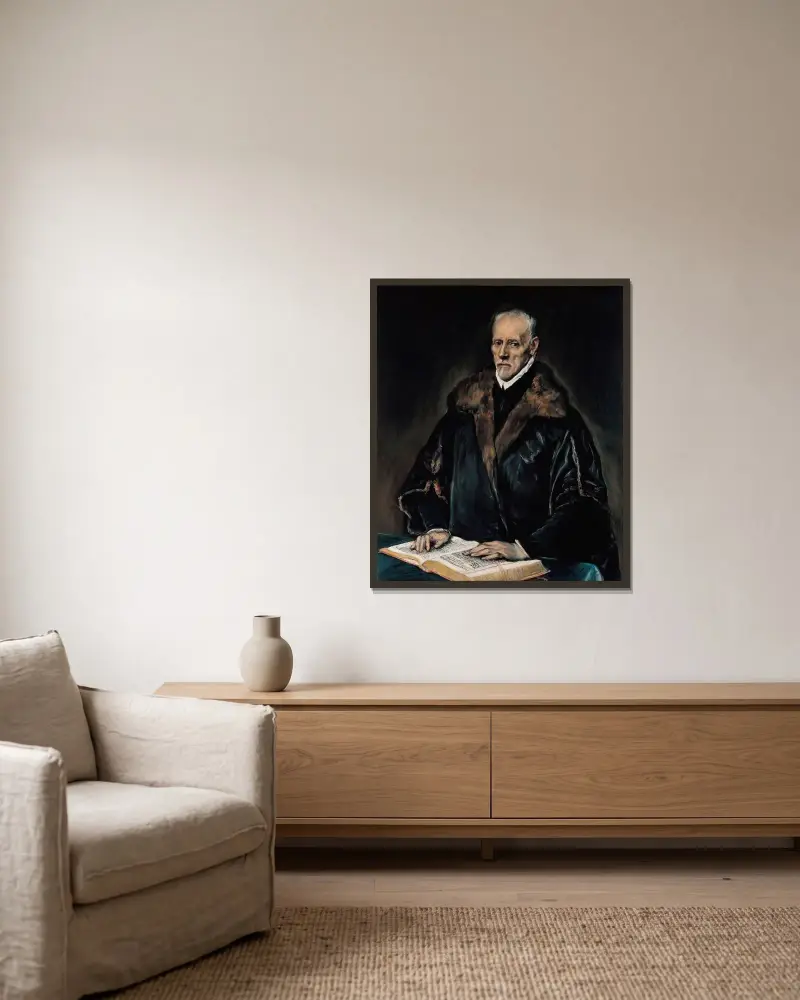 Porträtt av dr Francisco de Pisa av El Greco (Domenikos Theotokopoulos) inramad på en vägg