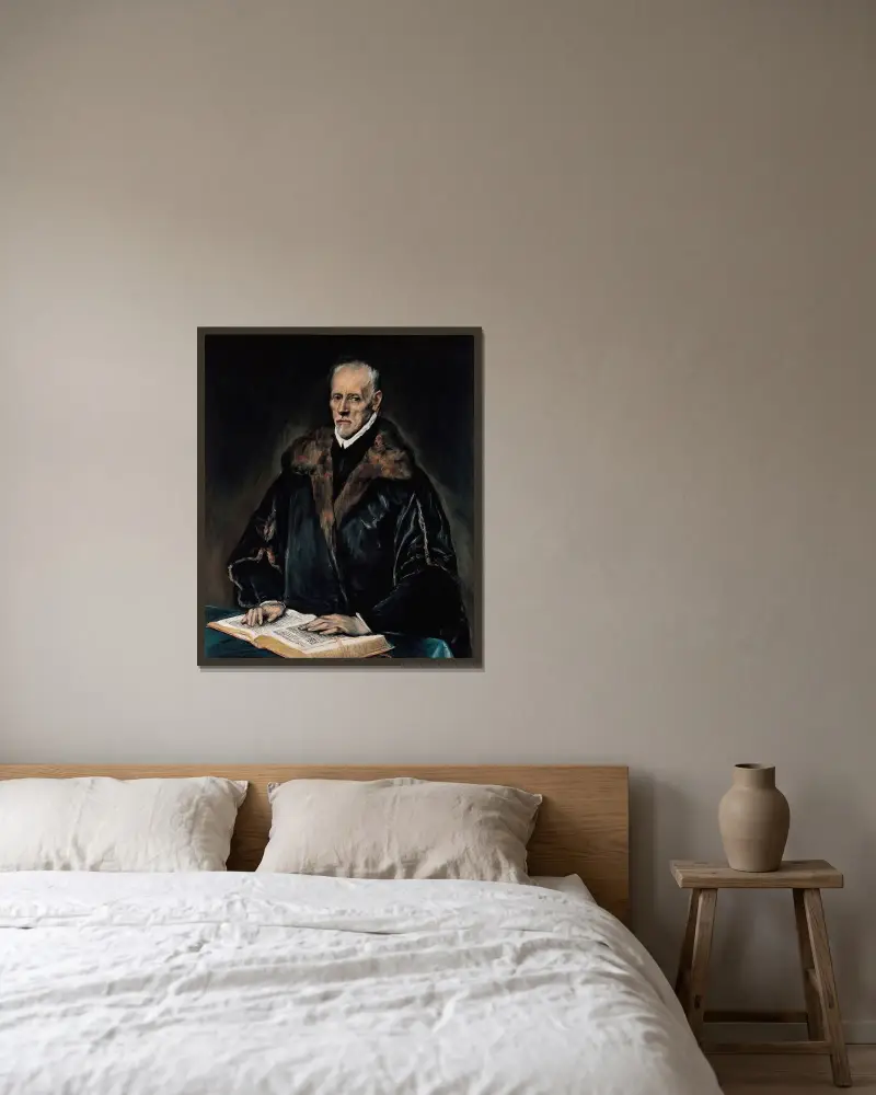 Porträtt av dr Francisco de Pisa av El Greco (Domenikos Theotokopoulos) inramad på en vägg