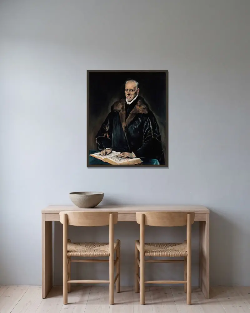 Porträtt av dr Francisco de Pisa av El Greco (Domenikos Theotokopoulos) inramad på en vägg