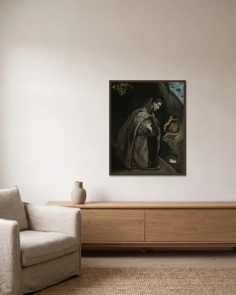 Sankt Franciskus knäböjande i meditation av El Greco (Domenikos Theotokopoulos) inramad på en vägg