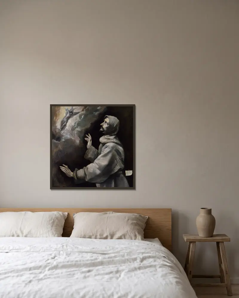 Den helige Franciskus mottar stigmata av El Greco (Domenikos Theotokopoulos) inramad på en vägg