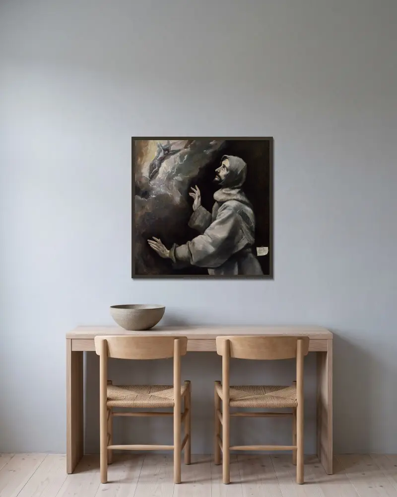 Den helige Franciskus mottar stigmata av El Greco (Domenikos Theotokopoulos) inramad på en vägg