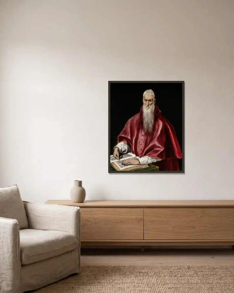 Sankt Hieronymus som lärd av El Greco (Domenikos Theotokopoulos) inramad på en vägg