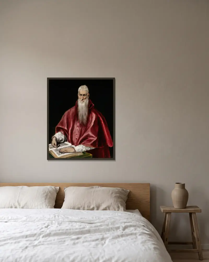Sankt Hieronymus som lärd av El Greco (Domenikos Theotokopoulos) inramad på en vägg