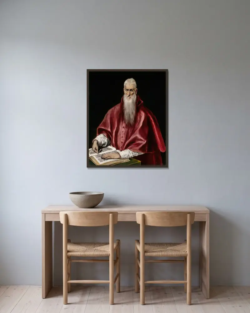 Sankt Hieronymus som lärd av El Greco (Domenikos Theotokopoulos) inramad på en vägg