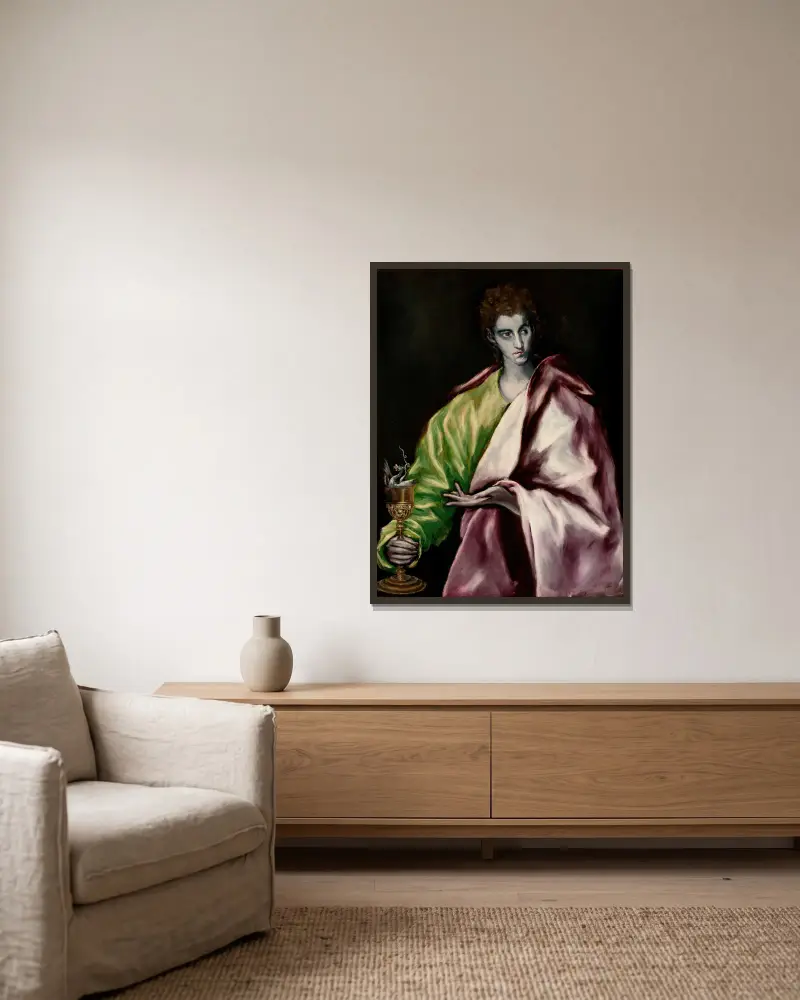 Johannes evangelisten av El Greco (Domenikos Theotokopoulos) inramad på en vägg