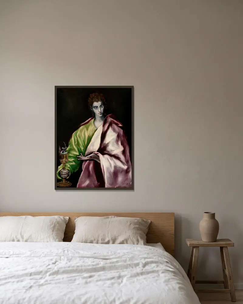 Johannes evangelisten av El Greco (Domenikos Theotokopoulos) inramad på en vägg
