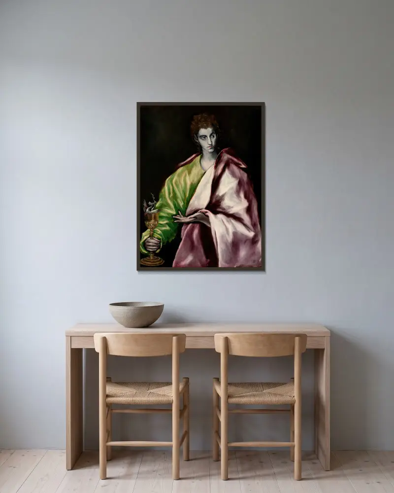 Johannes evangelisten av El Greco (Domenikos Theotokopoulos) inramad på en vägg