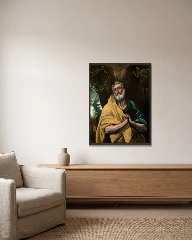 Saint Peter in Tears av El Greco (Domenikos Theotokopoulos) inramad på en vägg