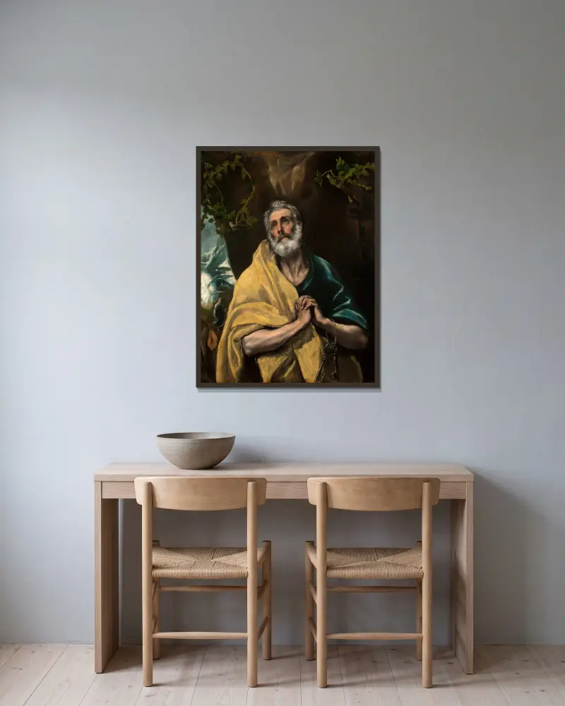 Saint Peter in Tears av El Greco (Domenikos Theotokopoulos) inramad på en vägg