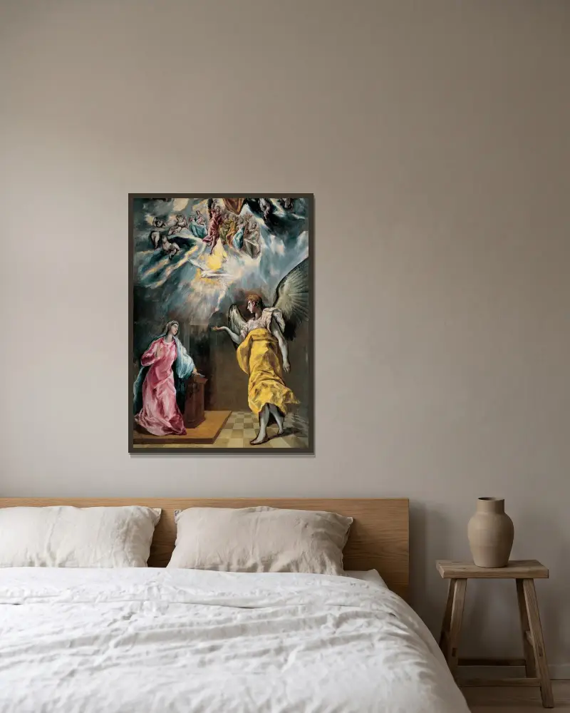 The Annunciation – nr 1 av El Greco (Domenikos Theotokopoulos) inramad på en vägg