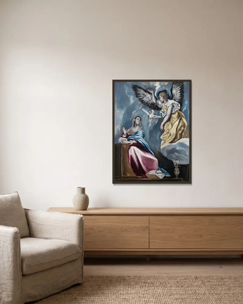 Bebådelsen, 1595 av El Greco (Domenikos Theotokopoulos) inramad på en vägg