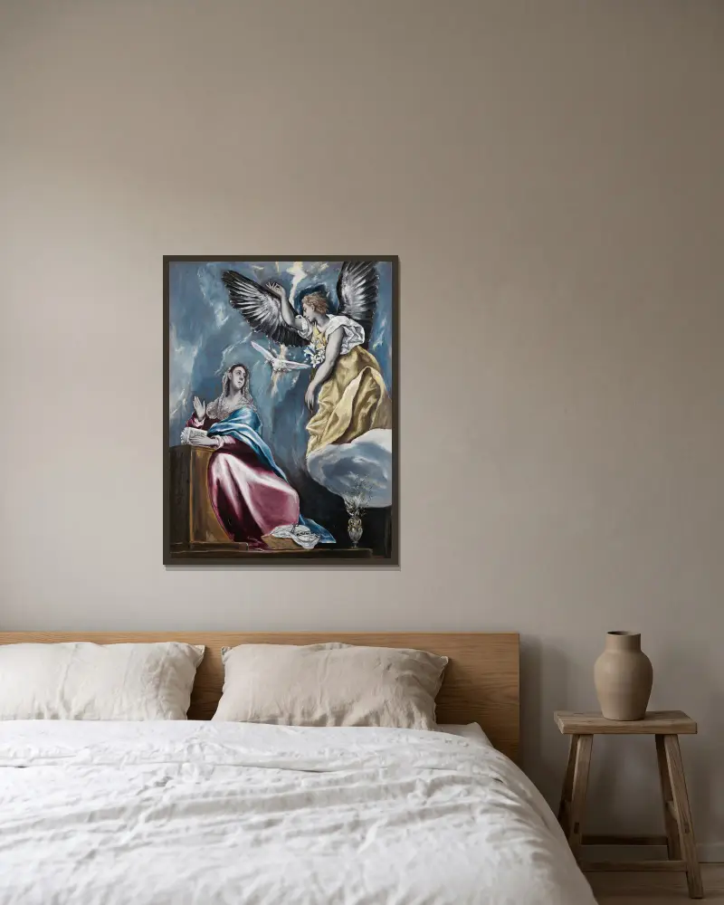 Bebådelsen, 1595 av El Greco (Domenikos Theotokopoulos) inramad på en vägg