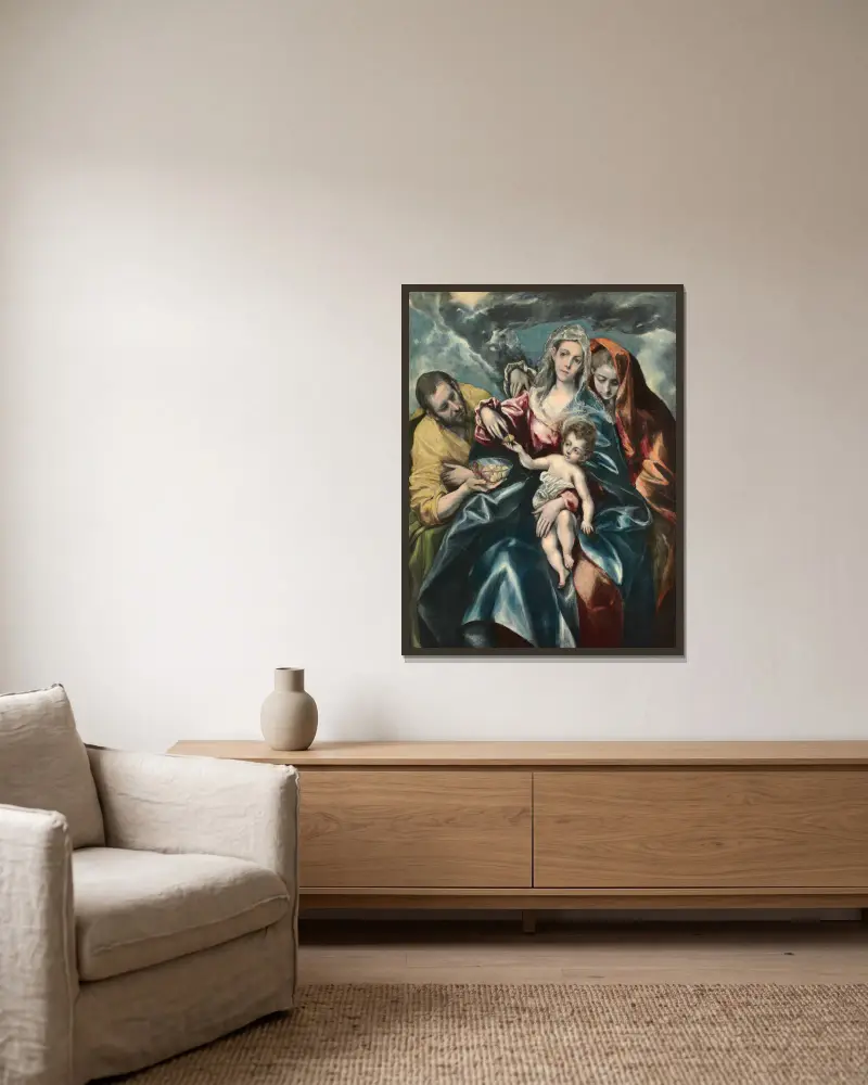 Den heliga familjen med Maria Magdalena av El Greco (Domenikos Theotokopoulos) inramad på en vägg