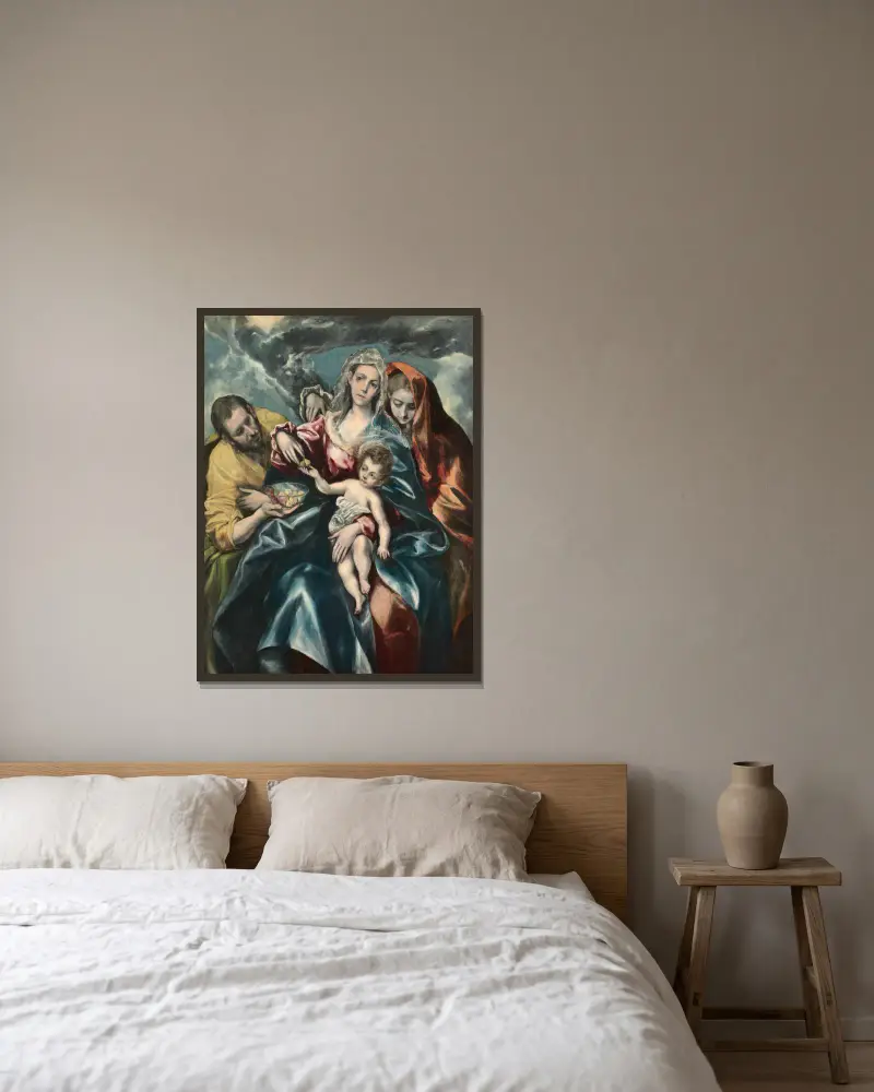 Den heliga familjen med Maria Magdalena av El Greco (Domenikos Theotokopoulos) inramad på en vägg