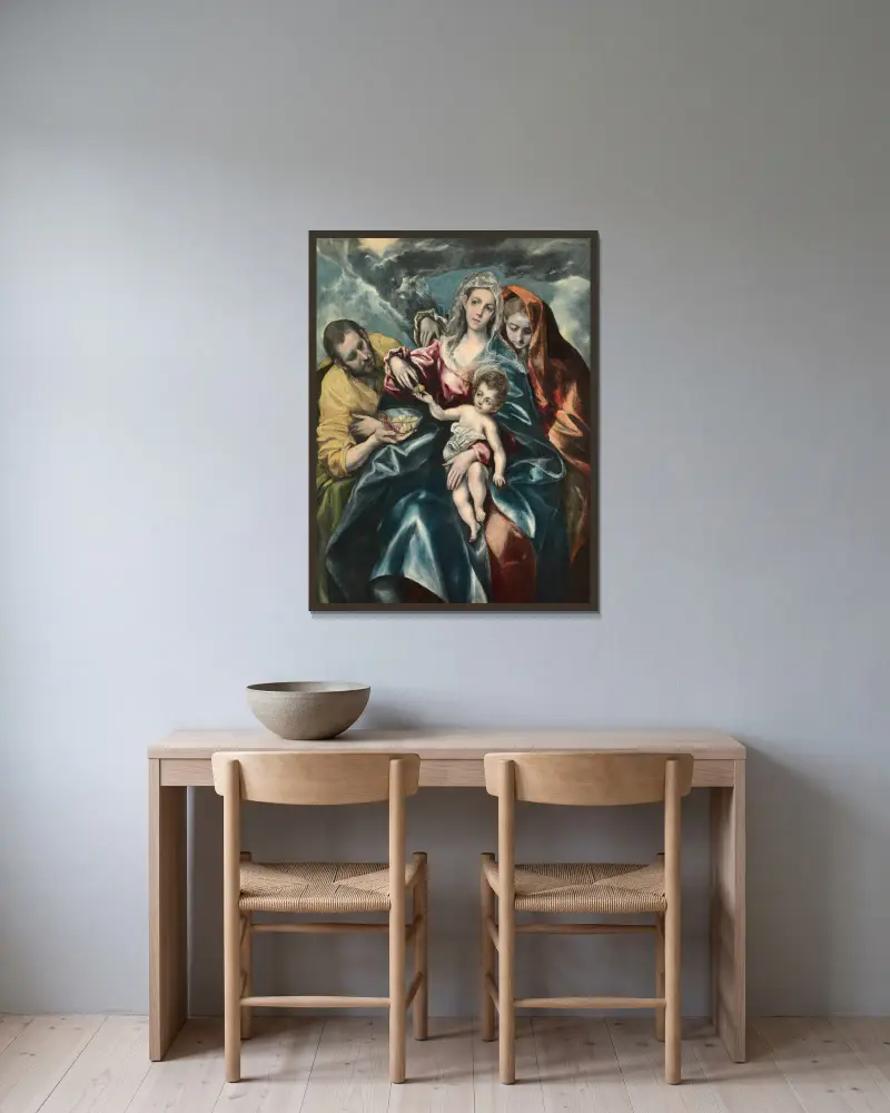Den heliga familjen med Maria Magdalena av El Greco (Domenikos Theotokopoulos) inramad på en vägg