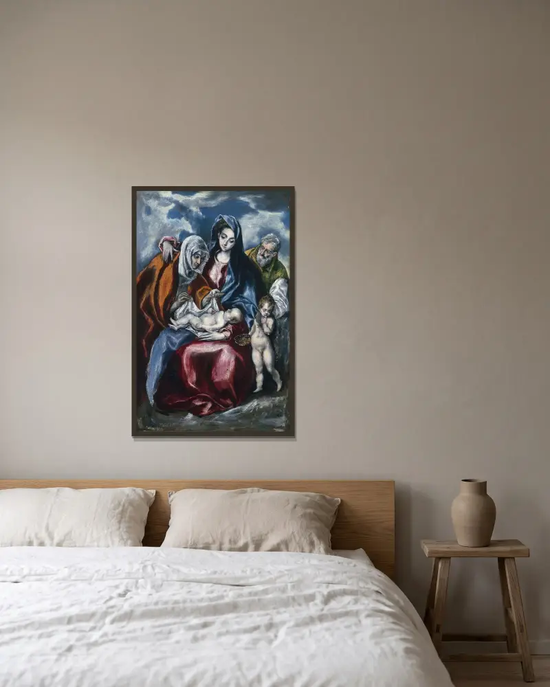 Den heliga familjen med sankta Anna och den unge Johannes Döparen av El Greco (Domenikos Theotokopoulos) inramad på en vägg