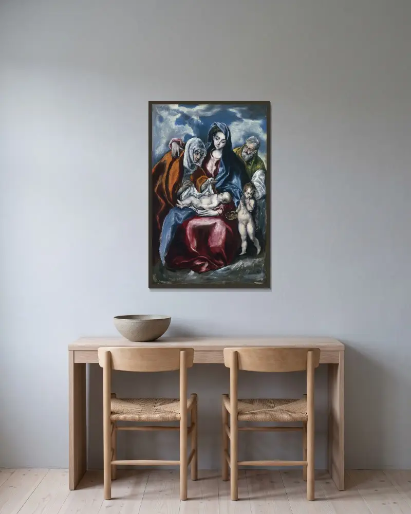 Den heliga familjen med sankta Anna och den unge Johannes Döparen av El Greco (Domenikos Theotokopoulos) inramad på en vägg