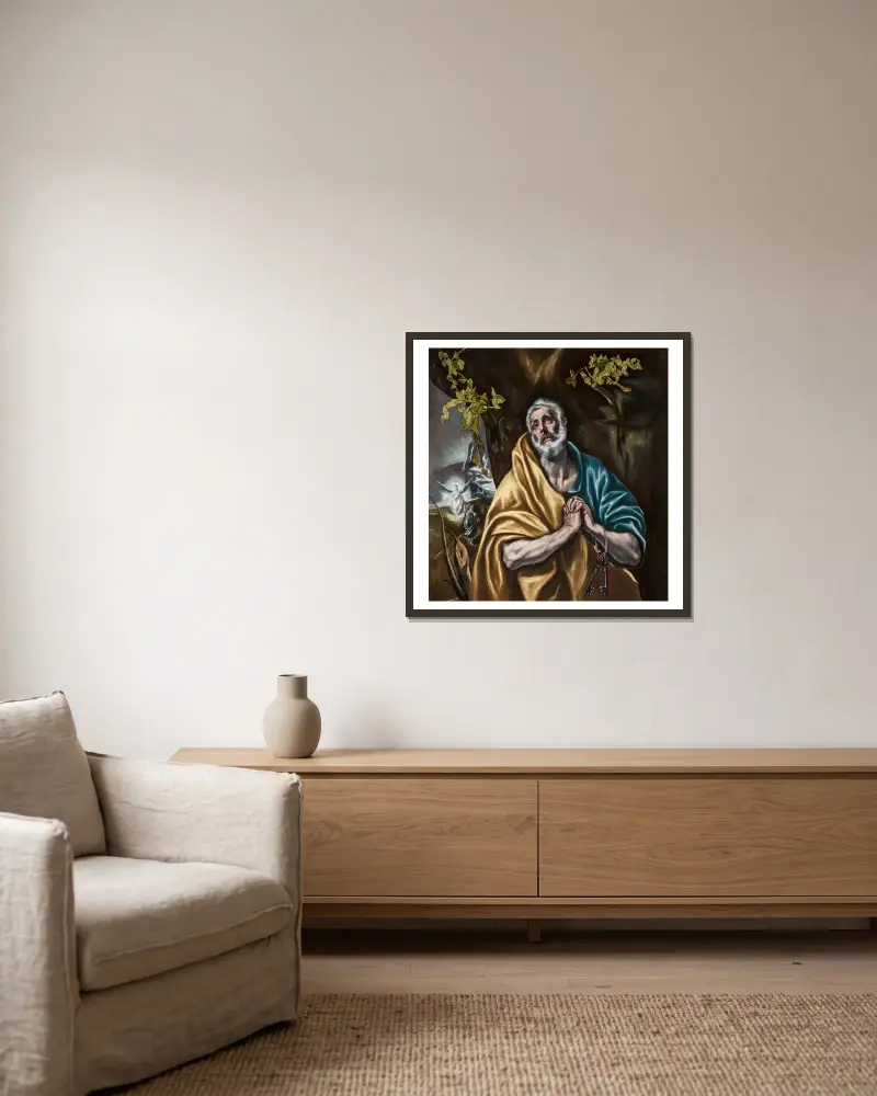 Den ångerfulle Petrus av El Greco (Domenikos Theotokopoulos) inramad på en vägg