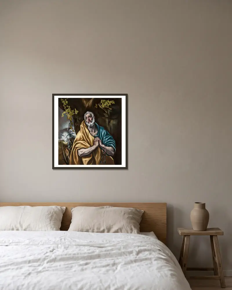 Den ångerfulle Petrus av El Greco (Domenikos Theotokopoulos) inramad på en vägg