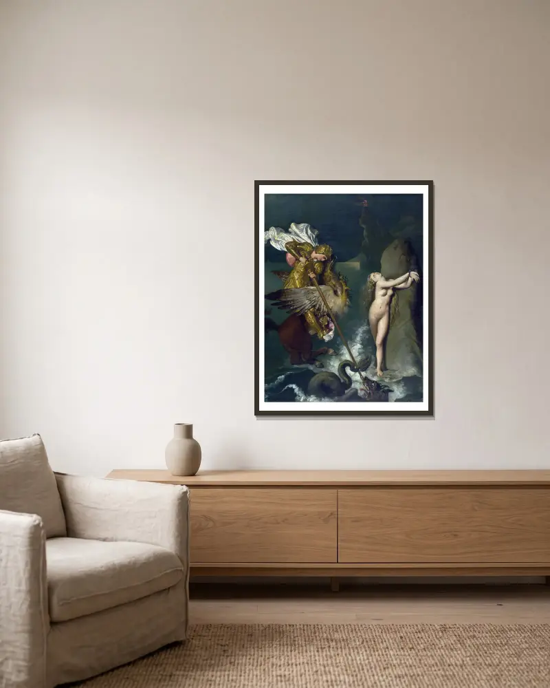 Angelica saved by Ruggiero av Jean Auguste Dominique Ingres inramad på en vägg