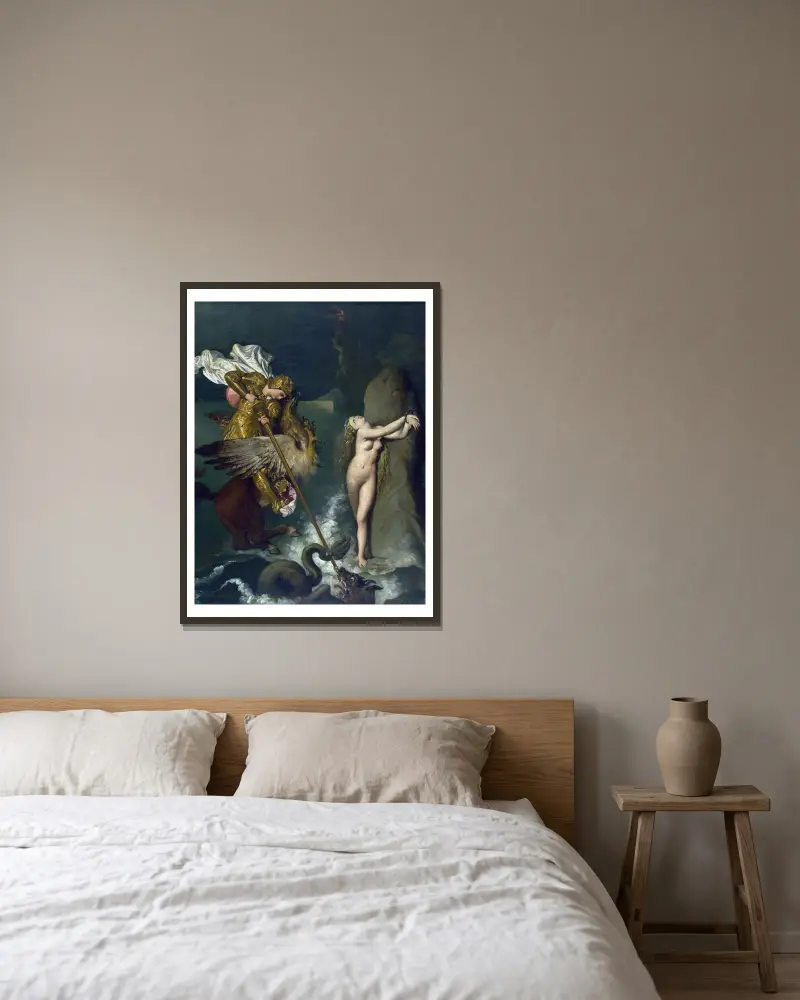 Angelica saved by Ruggiero av Jean Auguste Dominique Ingres inramad på en vägg