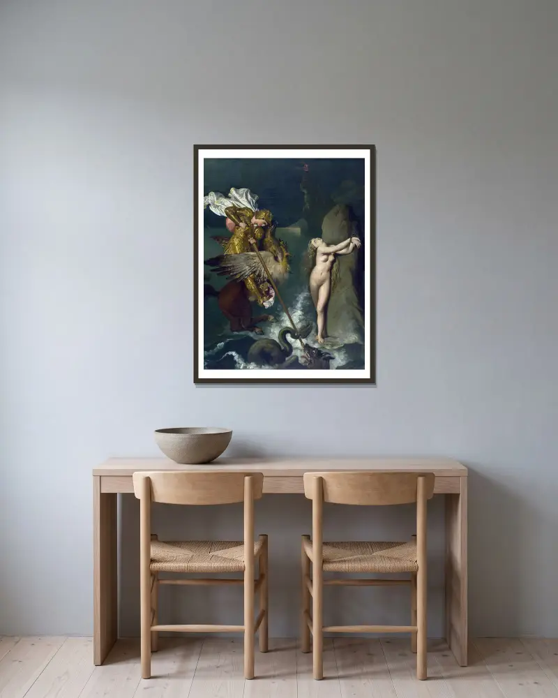 Angelica saved by Ruggiero av Jean Auguste Dominique Ingres inramad på en vägg
