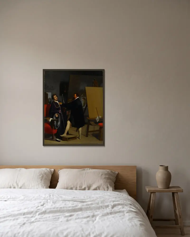 Aretino i Tintorettos ateljé av Jean Auguste Dominique Ingres inramad på en vägg