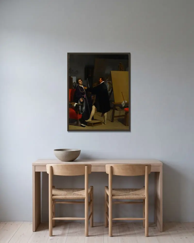 Aretino i Tintorettos ateljé av Jean Auguste Dominique Ingres inramad på en vägg