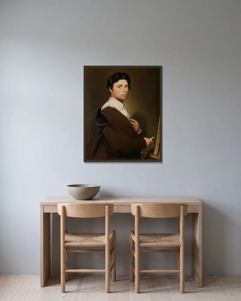 Självporträtt vid tjugofyra års ålder av Jean Auguste Dominique Ingres inramad på en vägg