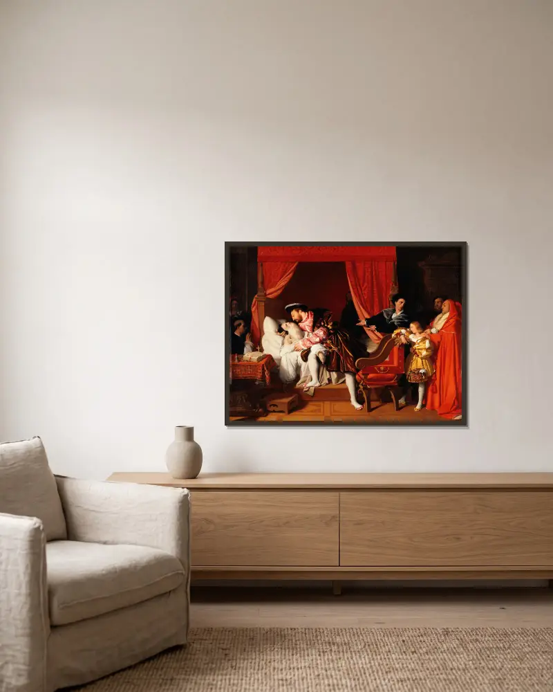 Frans I tar emot Leonardo da Vincis sista suckar av Jean Auguste Dominique Ingres inramad på en vägg