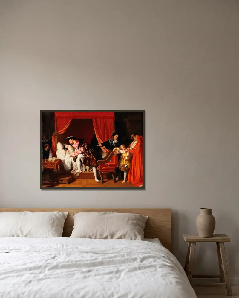 Frans I tar emot Leonardo da Vincis sista suckar av Jean Auguste Dominique Ingres inramad på en vägg