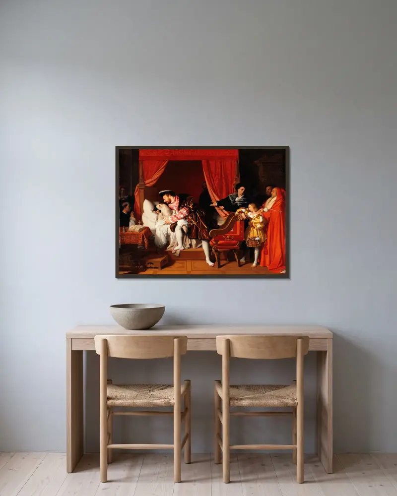 Frans I tar emot Leonardo da Vincis sista suckar av Jean Auguste Dominique Ingres inramad på en vägg