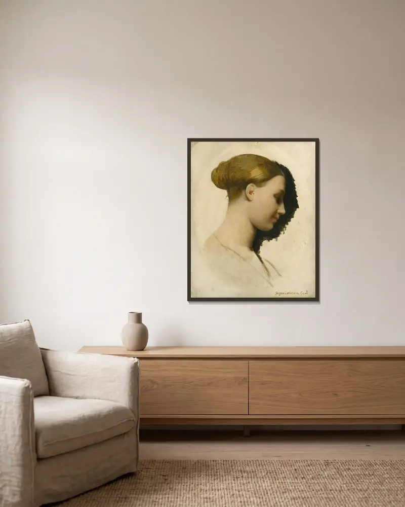 Madame Edmond Cavé (Marie-Élisabeth Blavot, born 1810) av Jean Auguste Dominique Ingres inramad på en vägg