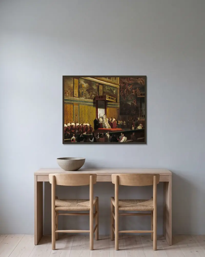 Papst Pius VII. in der Sixtinischen Kapelle von Jean Auguste Dominique Ingres gerahmt an einer Wand