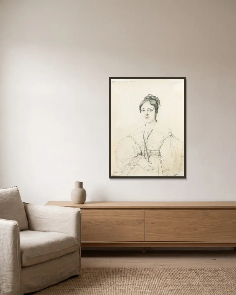 Porträtt av Angeline Raoul-Rochette av Jean Auguste Dominique Ingres inramad på en vägg