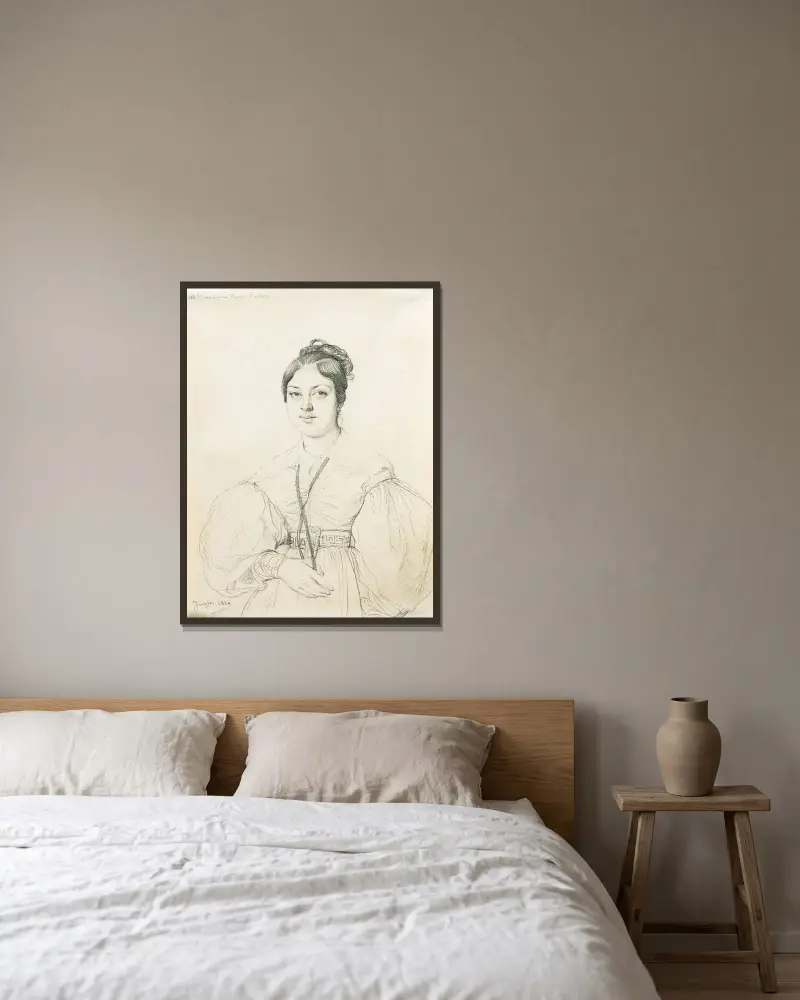 Porträtt av Angeline Raoul-Rochette av Jean Auguste Dominique Ingres inramad på en vägg