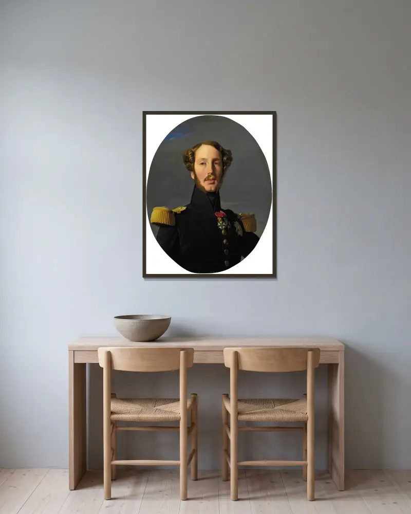 Porträtt av Ferdinand-Philippe-Louis-Charles-Henri av Bourbon-Orléans, hertig av Orléans av Jean Auguste Dominique Ingres inramad på en vägg