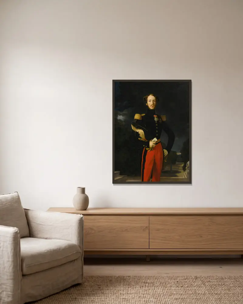 Porträtt av prins Ferdinand-Philippe, hertig av Orléans, framför trädgården till slottet Saint-Cloud av Jean Auguste Dominique Ingres inramad på en vägg