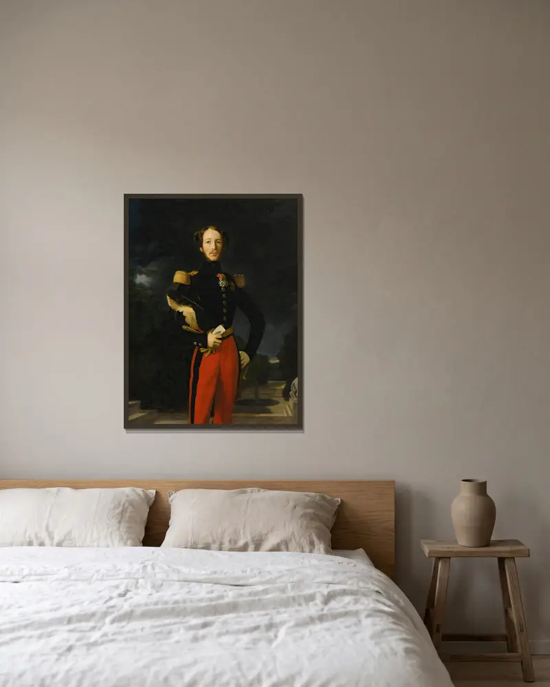 Porträtt av prins Ferdinand-Philippe, hertig av Orléans, framför trädgården till slottet Saint-Cloud av Jean Auguste Dominique Ingres inramad på en vägg