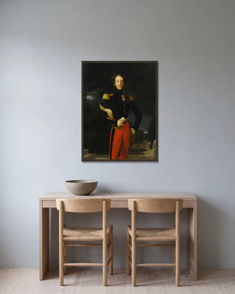 Porträtt av prins Ferdinand-Philippe, hertig av Orléans, framför trädgården till slottet Saint-Cloud av Jean Auguste Dominique Ingres inramad på en vägg