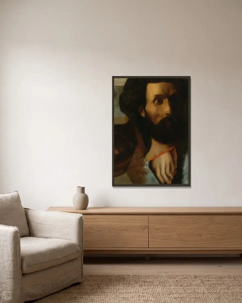 Skiss av huvud och händer till St. Johannes för Jesus överlämnar nycklarna till Petrus av Jean Auguste Dominique Ingres inramad på en vägg