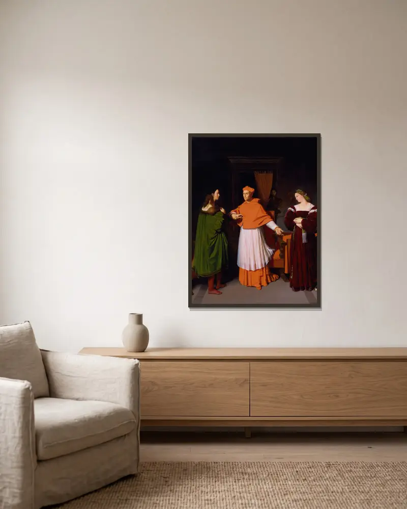 Förlovningen mellan Rafael och kardinal Bibbienas systerdotter av Jean Auguste Dominique Ingres inramad på en vägg